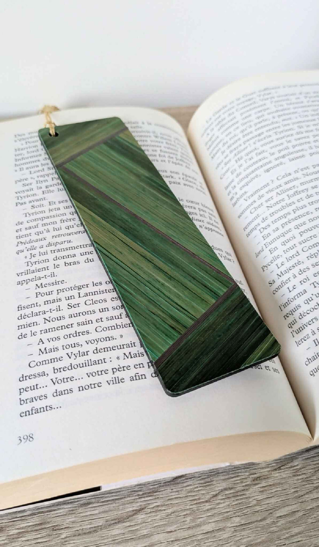 Straw marquetry bookmark Green/Anthracite Grey/Beige