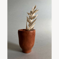 Petit pot haut en terre cuite et bouquet de feuilles séchées.