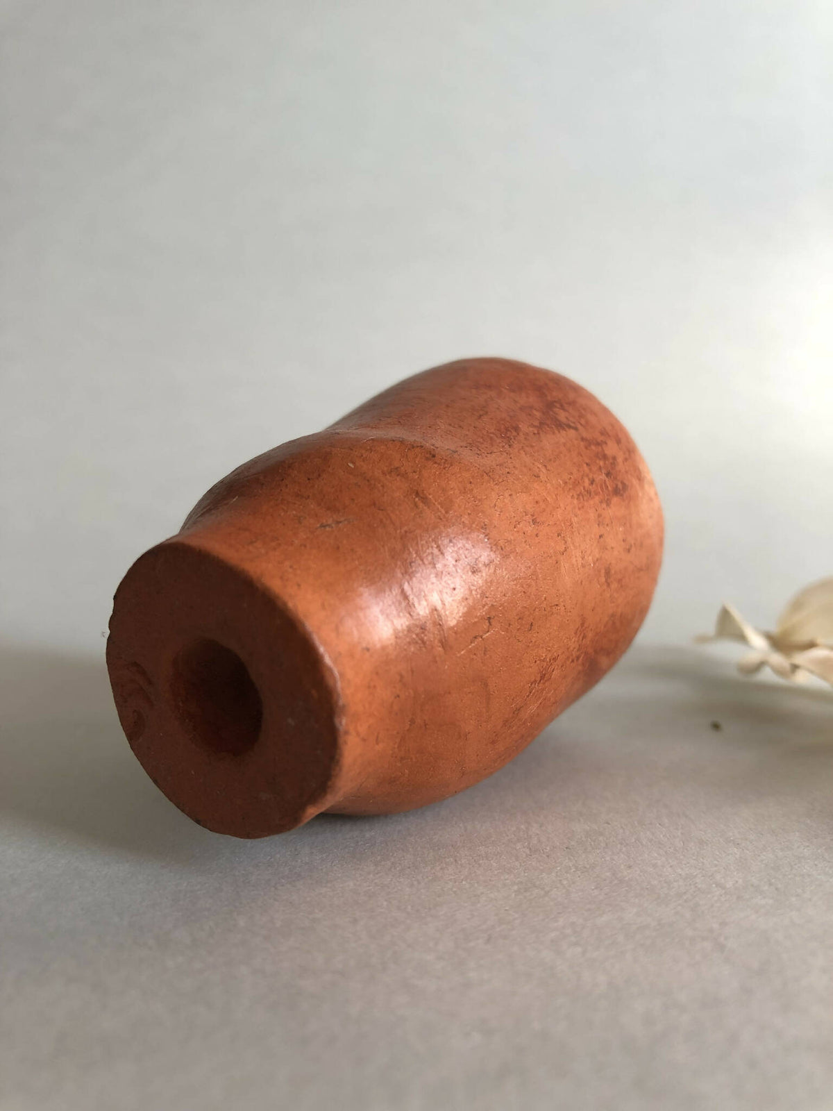 Petit pot haut en terre cuite, vue latérale avec base arrondie.