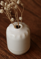 Mini-vase en porcelaine blanche, vue de dessus avec tiges florales, surface brillante.