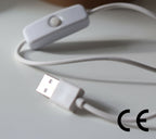 Cordon et interrupteur d’une lampe, prise secteur et marquage CE visibles.