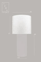 Schéma de la lampe TERA : abat-jour tissu beige et base céramique blanche, cotes
