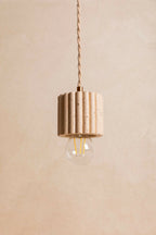 Suspension à abat-jour cylindrique côtelé blanc cassé, avec ampoule à filament