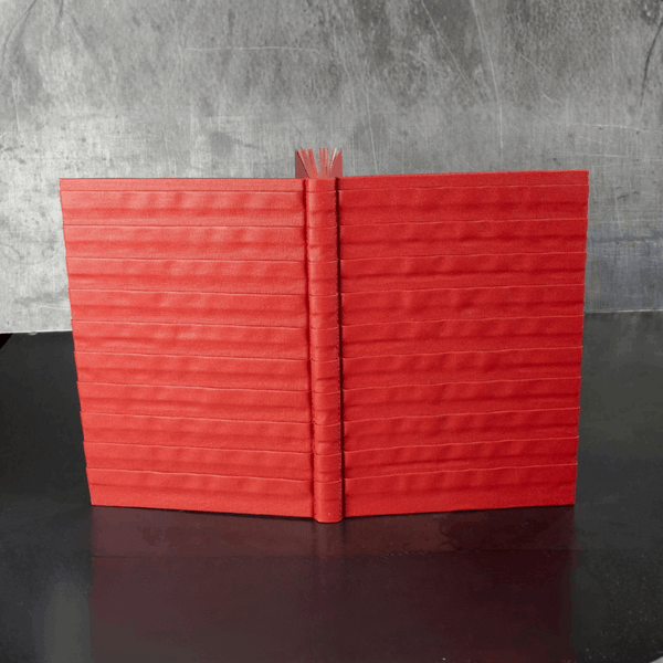Carnet ou livre d’or rouge à relief, couverture fermée avec dos vertical