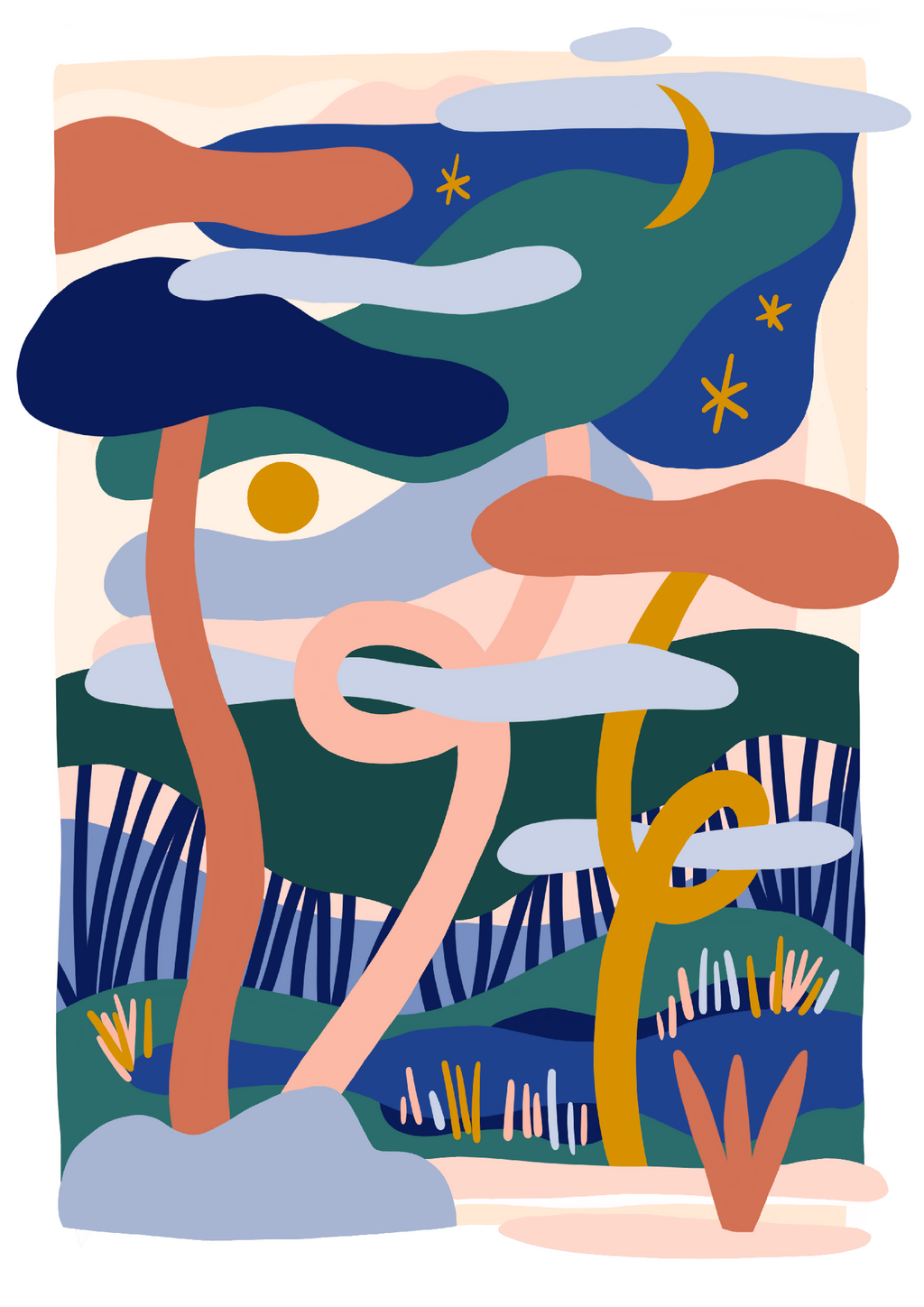 Affiche abstraite sans cadre, grandes formes bleu nuit, vert et orange, croissant et étoiles.