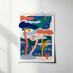 Affiche encadrée rectangulaire, composition abstraite bleu, vert et orange avec croissant de lune.