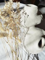 Peluche décorative blanche de profil, grandes oreilles et museau avec ombres, brins dorés au fond.
