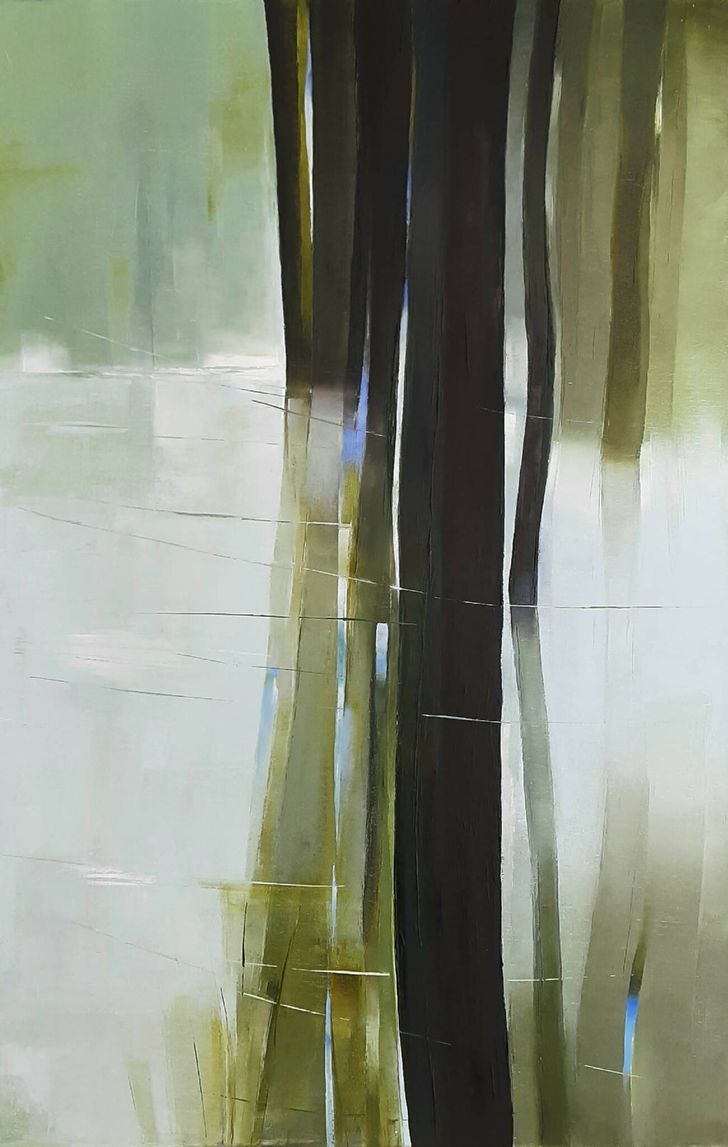 Toile abstraite à traits vert et noir, gros plan
