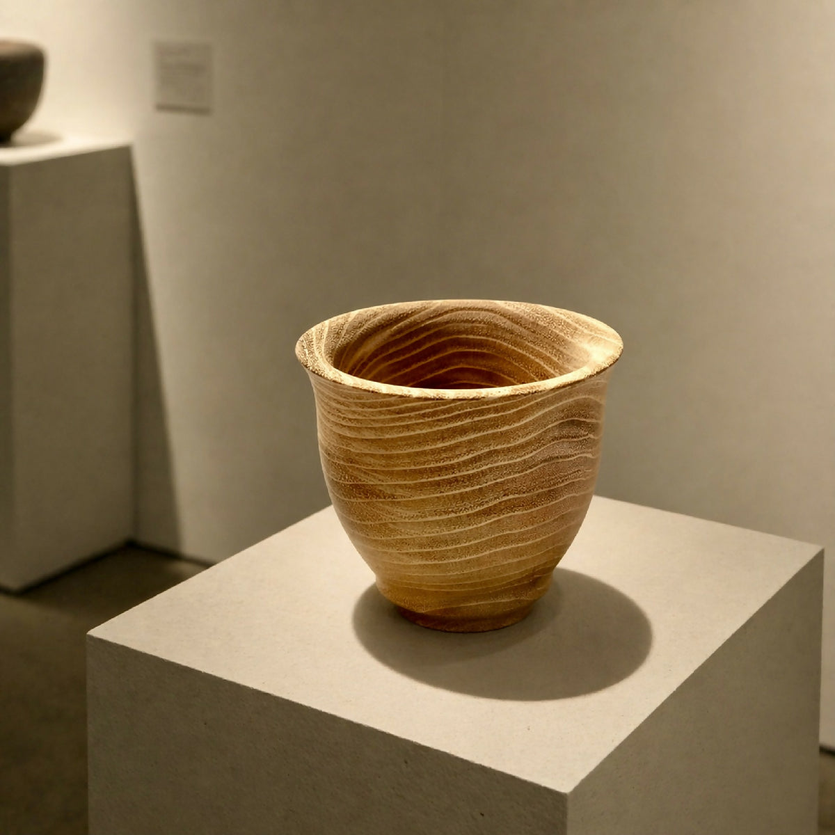 Gobelet en céramique marron clair, motif en lignes ondulées, bord évasé.