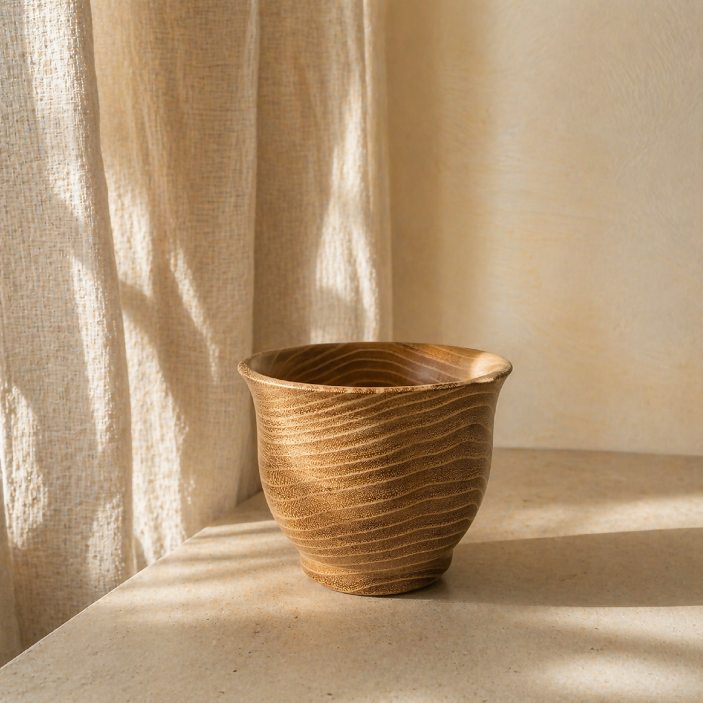 Gobelet en céramique beige-marron, lignes ondulées concentriques.
