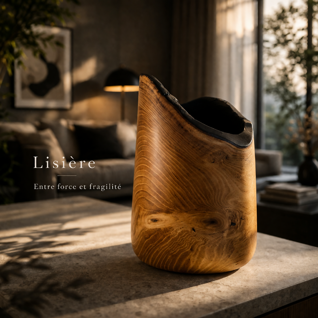 Vase en bois incurvé, intérieur noir, vue inclinée