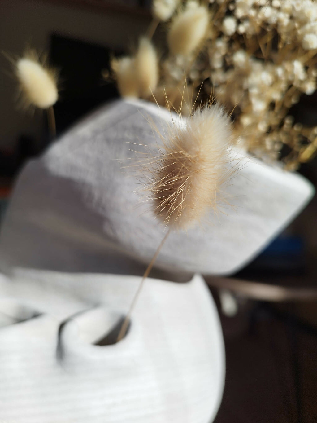 Masque décoratif blanc ajouré, gros plan sur plumes duveteuses et fleurs séchées