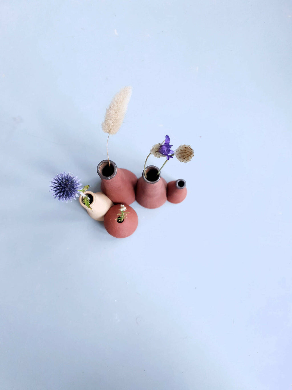 Cinq petits vases en céramique de hauteurs variées, terracotta et blanc, fleurs séchées