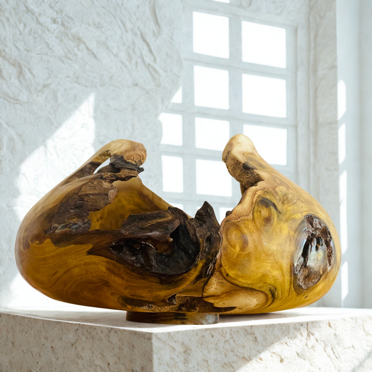 Sculpture en bois teintes miel, évider intérieur brun foncé et ouverture irrégulière