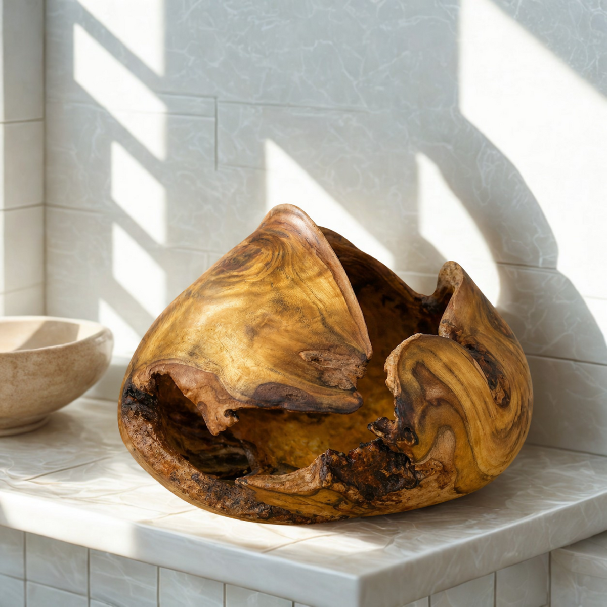 Sculpture en bois sur surface claire, teintes miel, cavité sombre et bord irrégulier