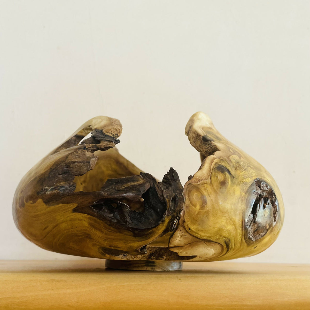 Sculpture en bois aux tons miel, évidement central sombre et ouvertures irrégulières