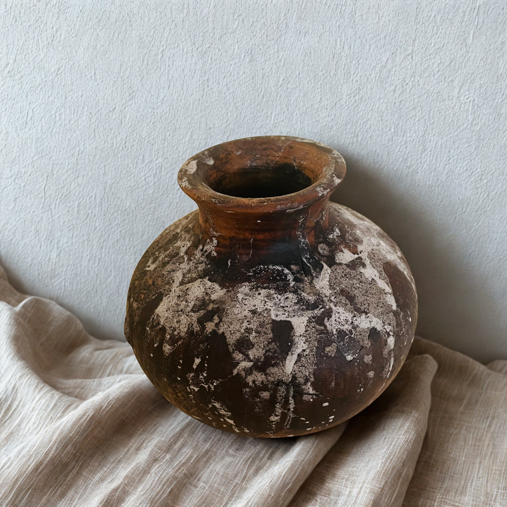 Vase en terre cuite brun foncé, col évasé, taches blanchâtres et texture usée.