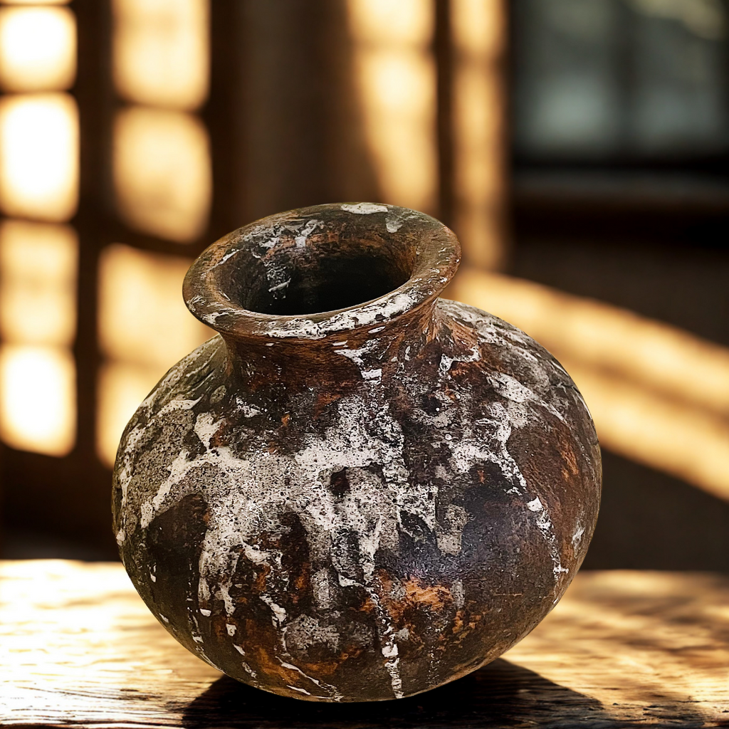 Vase en poterie brun foncé, col évasé, aspect patiné avec éclats blanchâtres.