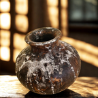 Vase en poterie brun foncé, col évasé, aspect patiné avec éclats blanchâtres.