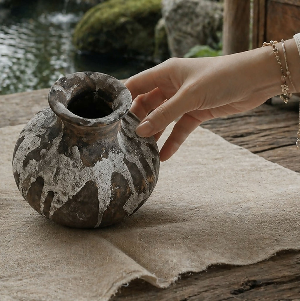 Petit vase en poterie brun gris, col court évasé, texture usée et éclats blanchâtres.