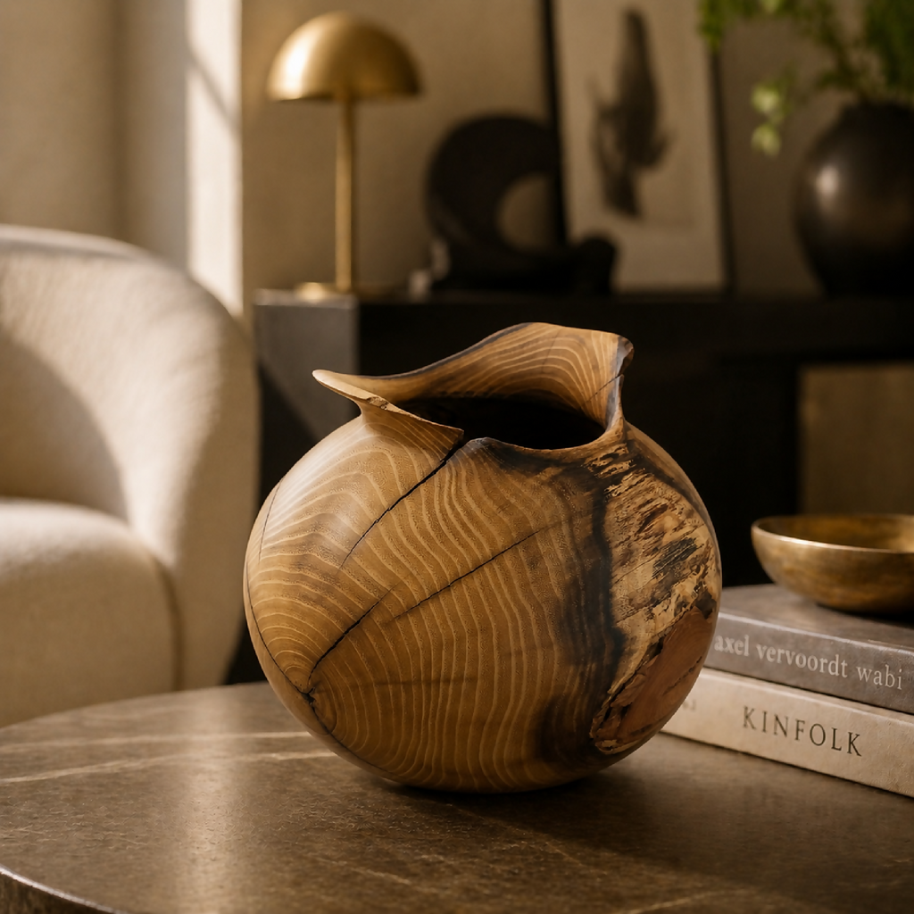Vase en bois sculpté, forme arrondie, rainures du grain visibles et ouverture.