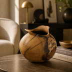 Vase en bois sculpté, forme arrondie, rainures du grain visibles et ouverture.