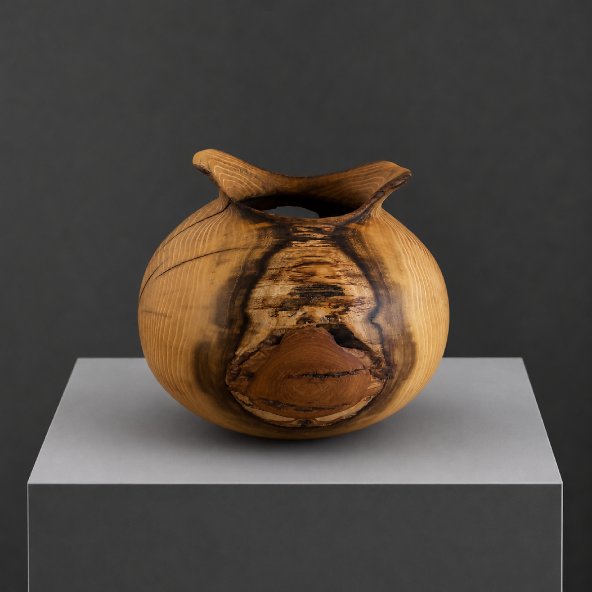 Vase en bois sculpté avec large ouverture sombre, nervures du bois et fentes.