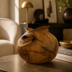 Vase en bois sculpté, surface veinée, ouverture noire et éclats bruns visibles.