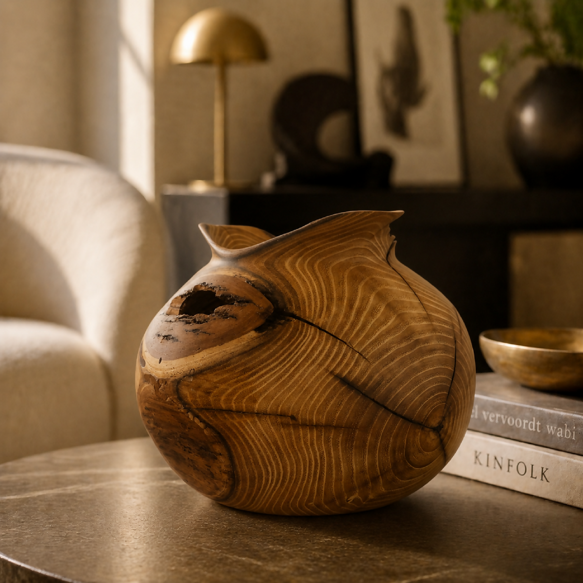 Vase en bois sculpté, surface veinée, ouverture noire et éclats bruns visibles.
