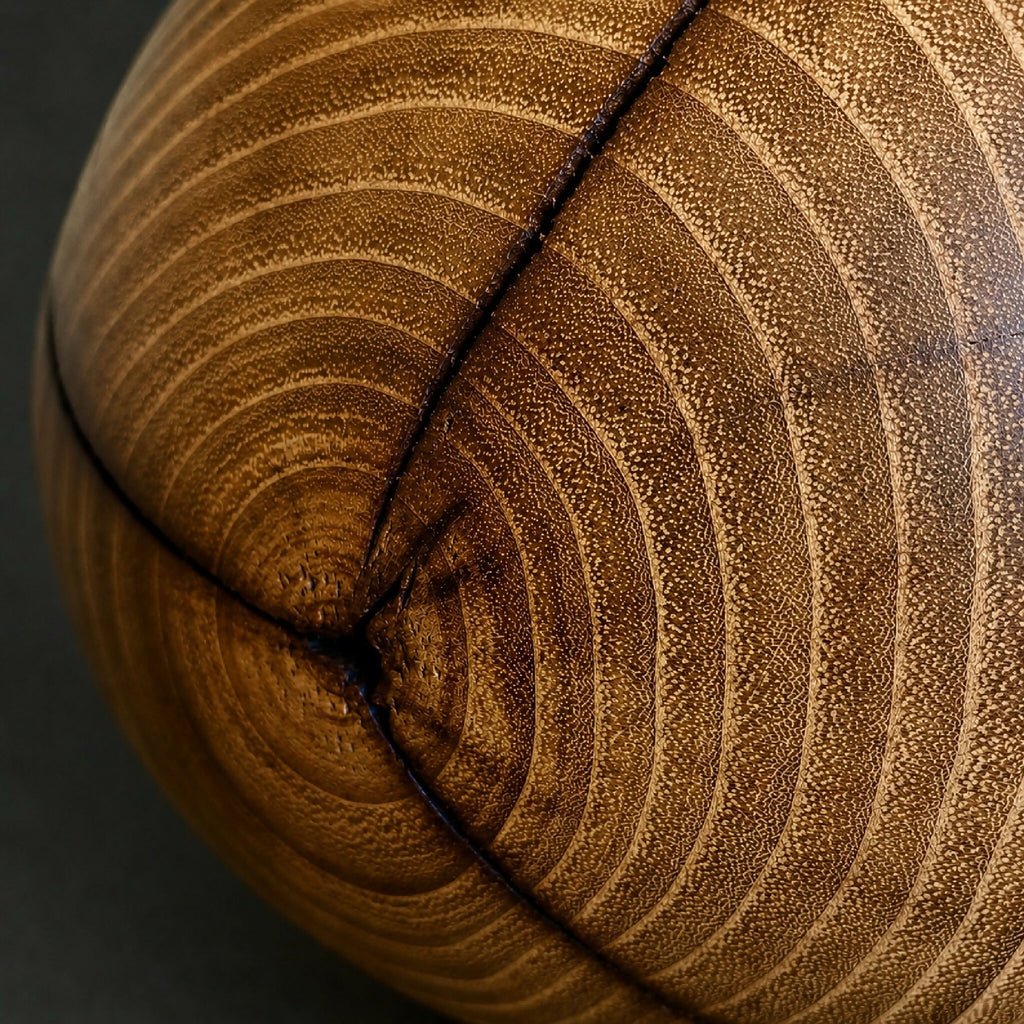 Détail vase en bois : lignes concentriques du grain, teintes miel et brunes.