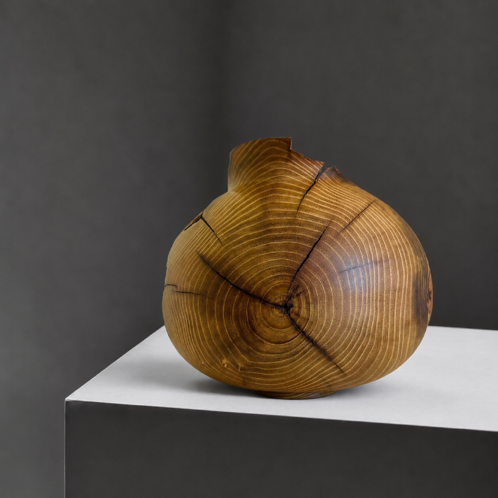 Vase en bois arrondi avec ouverture sombre, reliefs et veines du bois marquées.