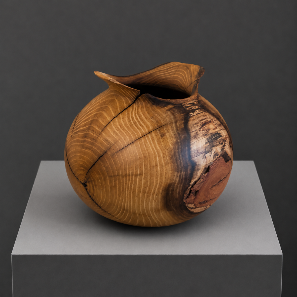 Vase en bois sculpté, forme arrondie, ouverture sur le dessus et irrégularités.