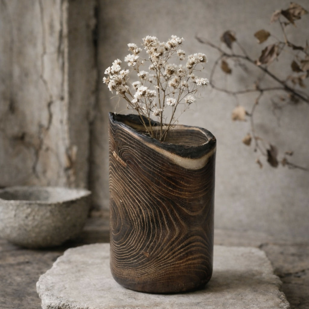 Vase cylindrique en céramique brun avec veinures ondulées, bord intérieur clair et évasé