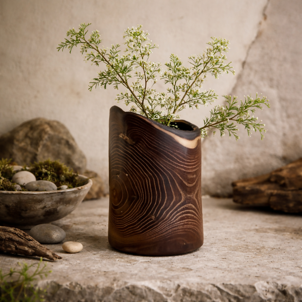 Vase cylindrique en céramique brun foncé à relief de veinures, bord intérieur clair