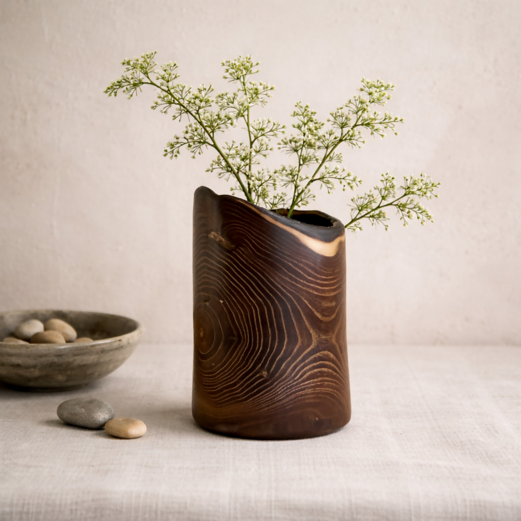 Vase cylindrique en céramique brun foncé, motifs ondulés et bord intérieur beige clair