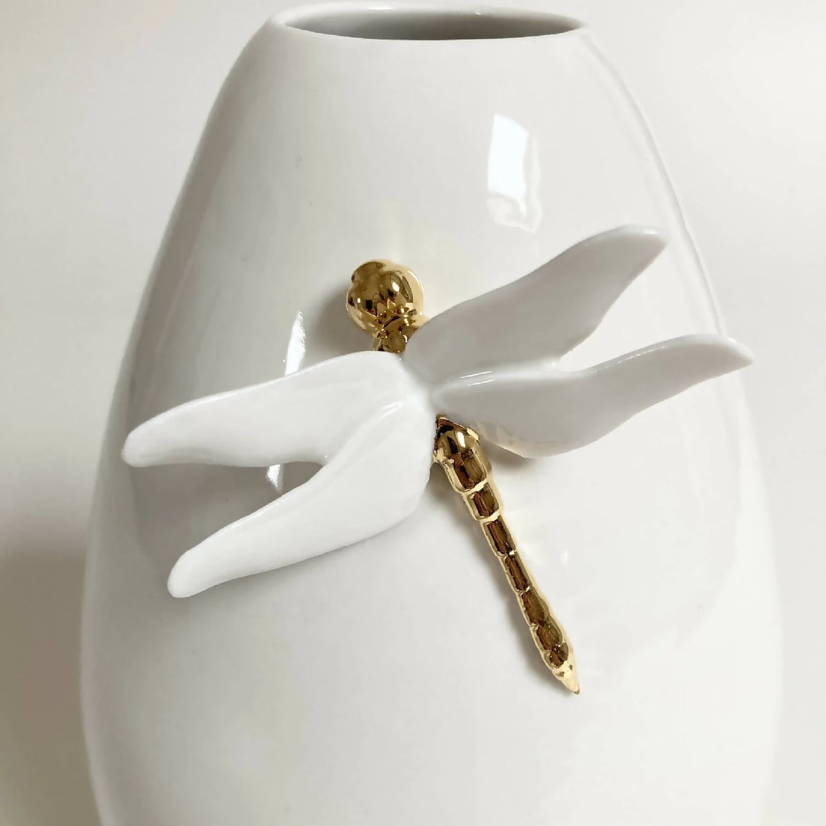 Vase libellule blanc, gros plan : libellule blanche avec corps doré