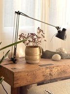 Petit vase en céramique beige moucheté avec anses, fleurs séchées brun rouge