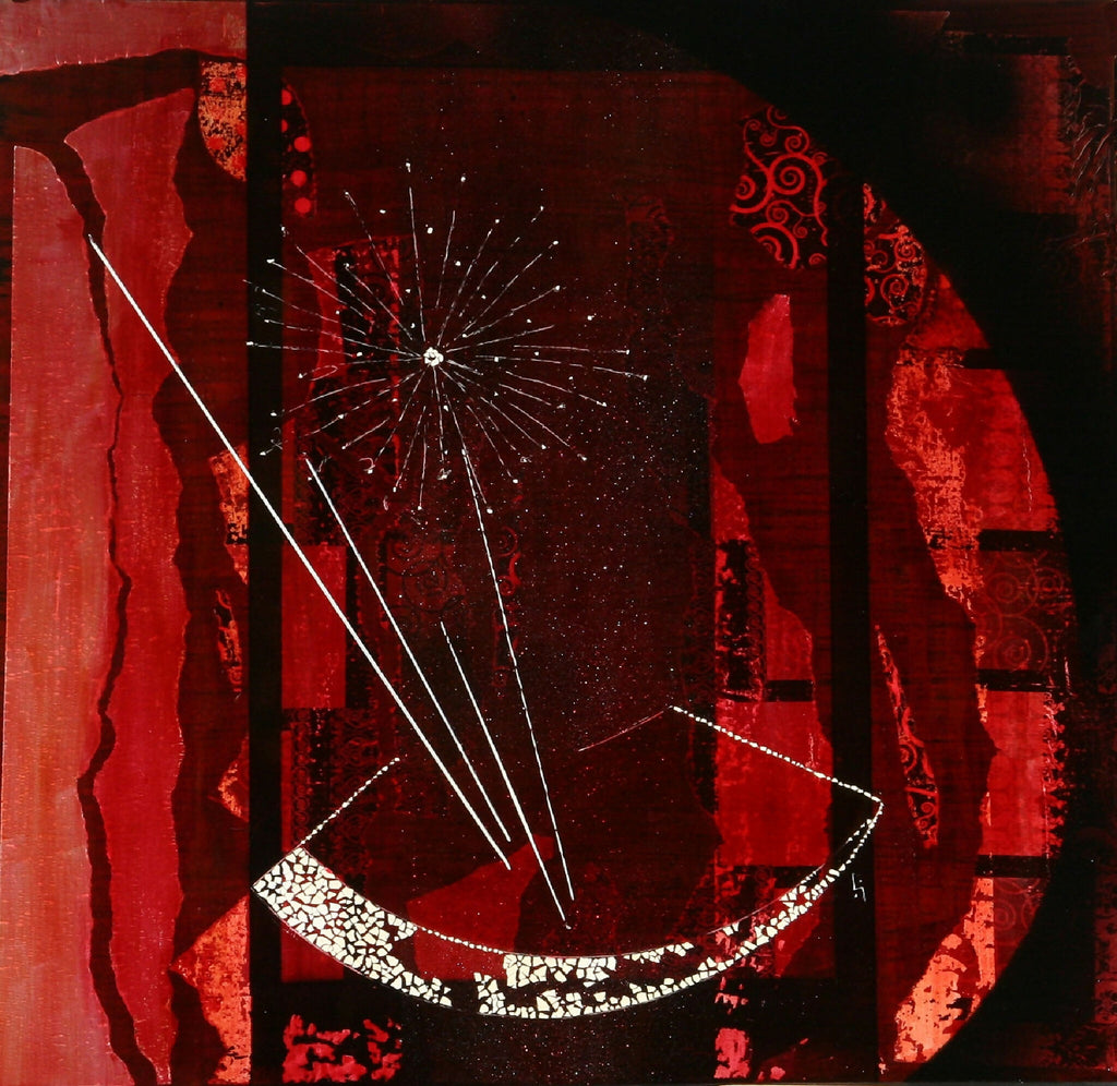 Peinture abstraite rouge et noire, motif pissenlit en lignes blanches et demi-lune.