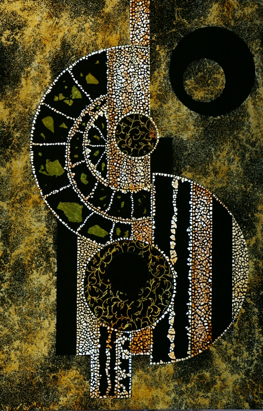 Œuvre originale : animal stylisé en mosaïque de perles, motifs noir et or, relief