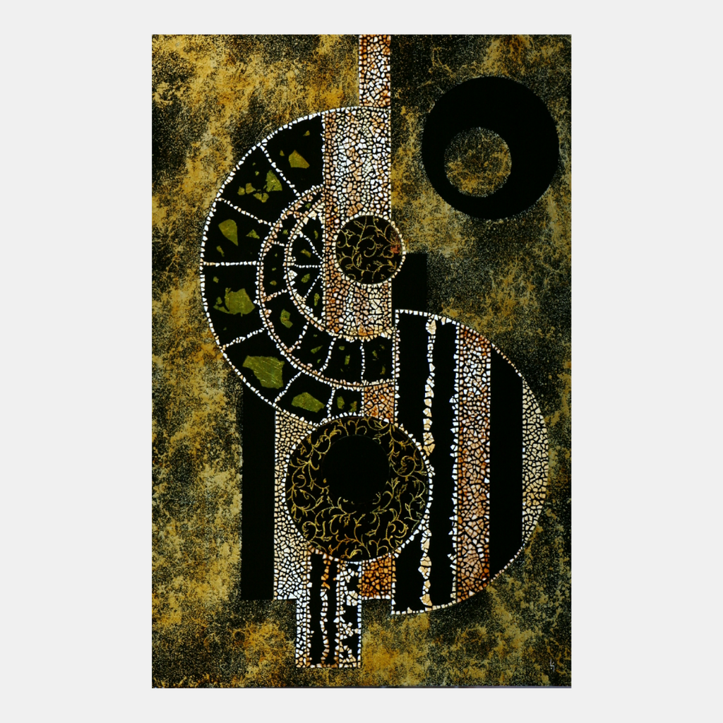 Tableau abstrait aux motifs floraux, visage en mosaïque de points noir et or