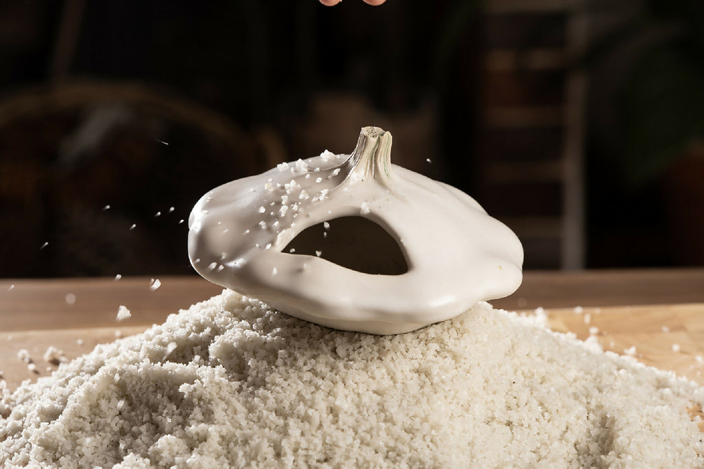 Pâtisson blanc en fleur de sel, sel en pluie autour