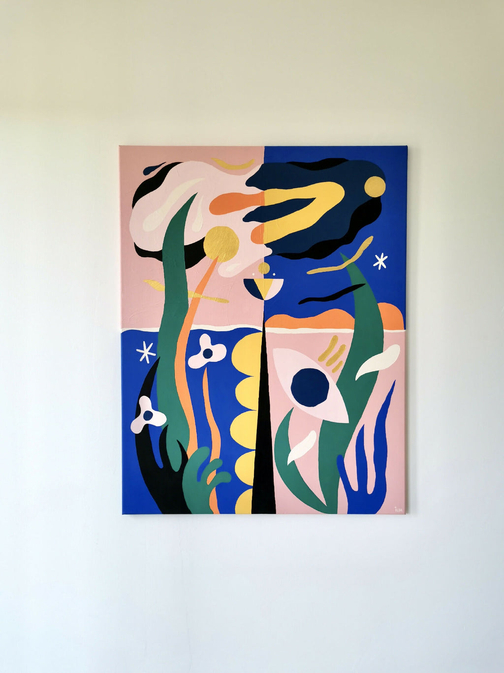 Peinture acrylique abstraite aux formes de planètes, bleu, rose, jaune et blanc.
