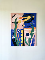 Peinture acrylique abstraite aux formes de planètes, bleu, rose, jaune et blanc.