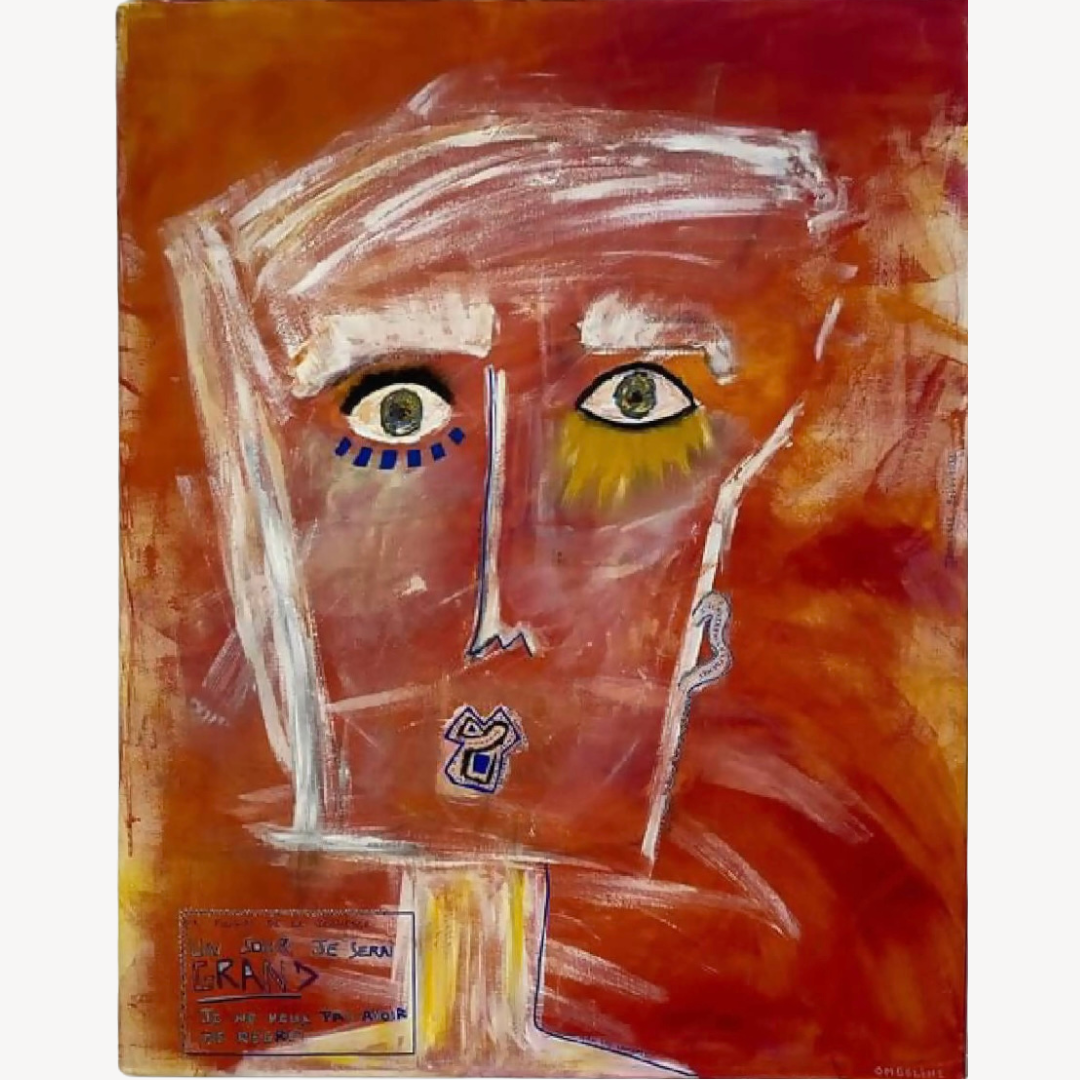 Peinture : visage abstrait aux yeux bleus et jaunes, cheveux blancs, fond rouge.
