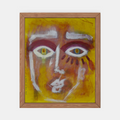 Peinture encadrée : visage abstrait aux yeux verts, rouge sombre, traits blancs, fond jaune.