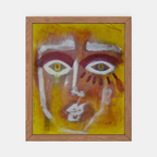 Peinture encadrée : visage abstrait aux yeux verts, rouge sombre, traits blancs, fond jaune.