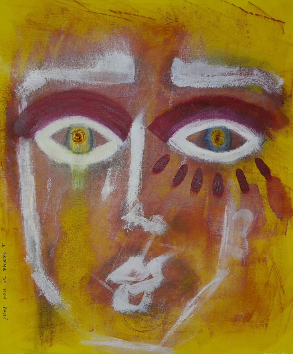Peinture abstraite de visage, yeux verts, traits blancs et rouge sombre sur fond jaune.