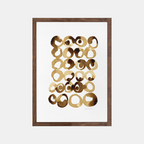 Tableau encadré sur papier coton, motifs abstraits en cercles café.