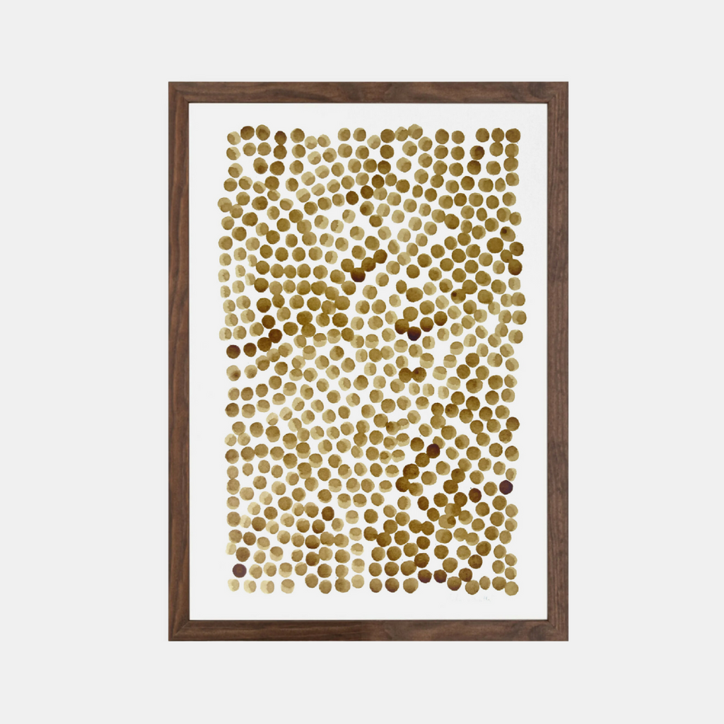 Tableau encadré à points brun, peinture au café sur papier coton