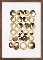 Tableau encadré, motifs de cercles abstraits brun et beige sur papier.